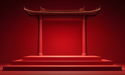 Chinese architecture pedestal with red background.