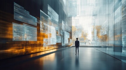 Modern Businessman in Futuristic Digital Environment with Data Streams