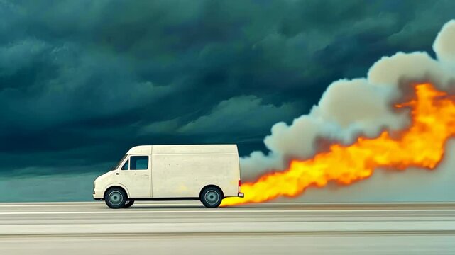 Speeding van with fiery exhaust against dramatic stormy sky on open road