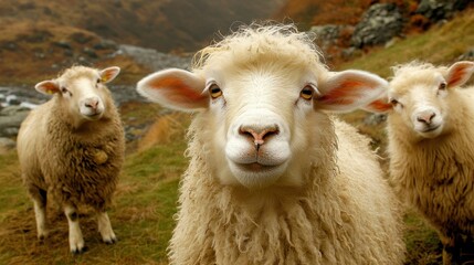 Fototapeta premium Three sheep curiously gazing at the camera in a lush, green landscape with rocky terrain