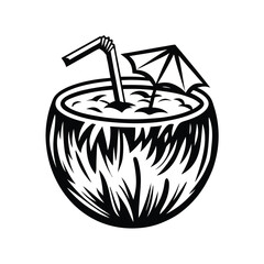 Coconut Drink Icon Refreshing Tropical Beverage with Straw and Umbrella in Black and White