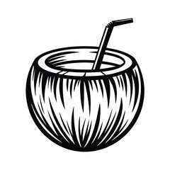 Coconut Cocktail with Straw, Tropical Drink, Black and White, Isolated, Minimalist Icon
