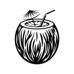 Black Silhouette Stylized Coconut Cocktail with Straw and Umbrella on White Background