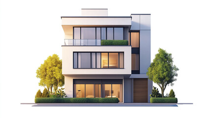 Fototapeta premium Modern three story house with large windows and greenery