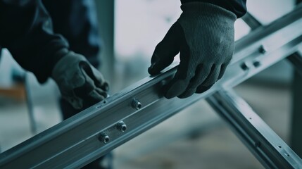Construction worker securing metal frame. Indoor construction site