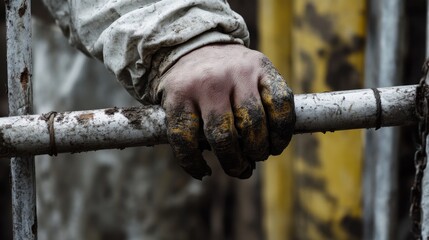 Construction worker securing scaffolding beam. Outdoor site
