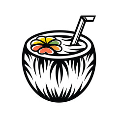 Stylized Coconut Drink with Straw and Flower, Isolated Fresh Tropical Beverage Icon