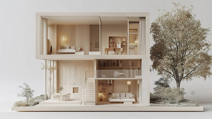 Modern wooden house model with minimalist design and open interior spaces