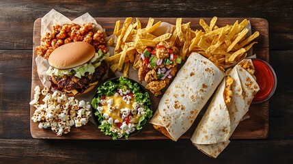 Overhead shot of a wooden board filled with a burger, fries, wraps, salad, and popcorn variety