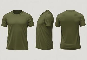 Olive green mens t shirt mockup three view