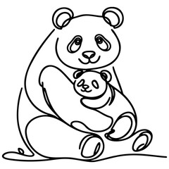Panda Mother and Baby Line Art.