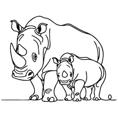 Rhino Mother and Baby Line Art.