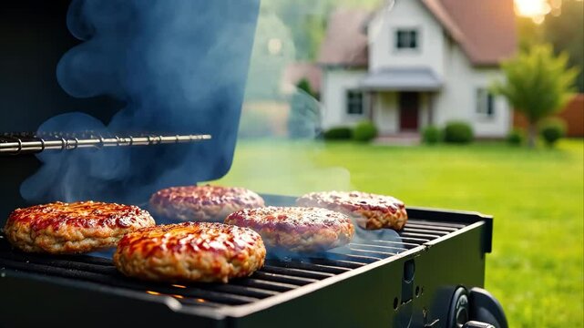 Close-up Hamburger patties with smoke rising in backyard with green lawn and sunny backyard scene with blurred house background, summer barbecue. grill with burger patty on a green lawn. 4K video