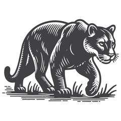 Obraz premium Simple Mountain Lion Stalking Vector Icon Design – Vintage Retro Logo & Illustration