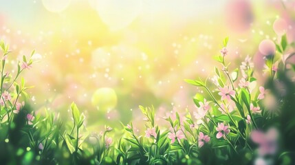 Obraz premium Vibrant spring meadow filled with blooming flowers and soft sunlight illuminating the scene
