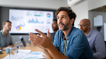 Man speaking discussion meeting office colleagues teamwork collaboration brainstorming strategy point