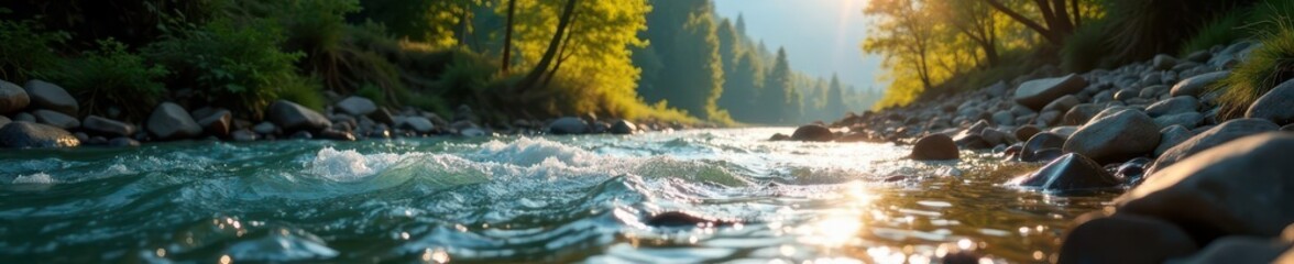 Fly fishing rod casts over rushing mountain river, water, peaceful
