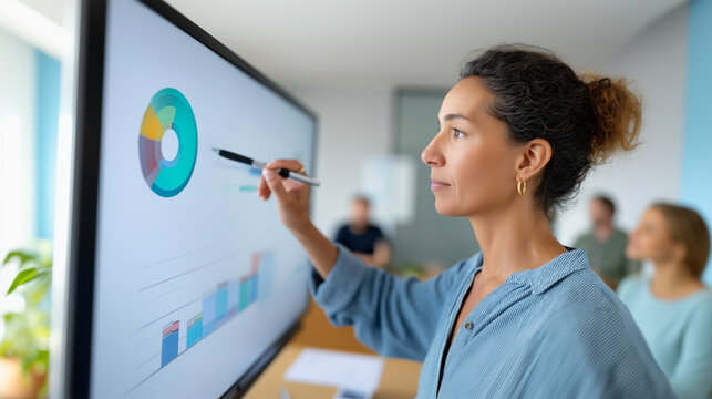 Woman presenting data chart screen business meeting office presentation analysis strategy