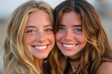 Zwei junge Frauen mit nat&uuml;rlichem Look l&auml;cheln in die Kamera am Strand, Two young women with natural look smiling into the camera at the beach