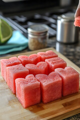 Heart-shaped watermelon candies stacked neatly, symbolizing love and summer sweetness.
