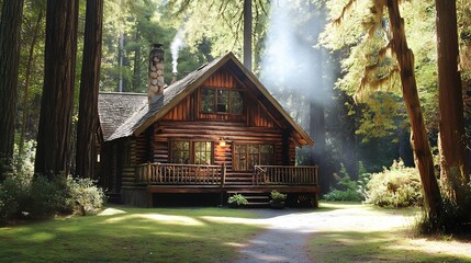 Log cabin nestled among tall trees with smoke rising from the chimney on a sunny day in the forest