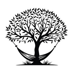 Silhouette of Tree with Hammock, Grass, Nature Illustration, Black and White Design