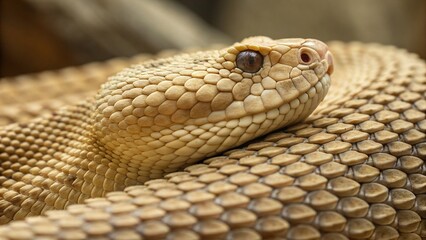 Fototapeta premium Coiled Cream and Brown Snake with Scales Texture Close Up Wildlife Reptile