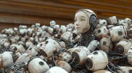 Human-like robot among many machine parts conveys themes of artificial intelligence and decay.