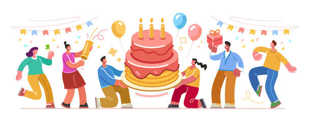 Friends celebrate anniversary. Holiday congratulation with festive cake and joyful people. Happy birthday party banner