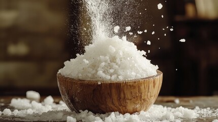 Crystals of sea salt fall into a wooden bowl on a rustic wooden table. Ideal for illustrating healthy eating, cooking, or food preparation concepts.