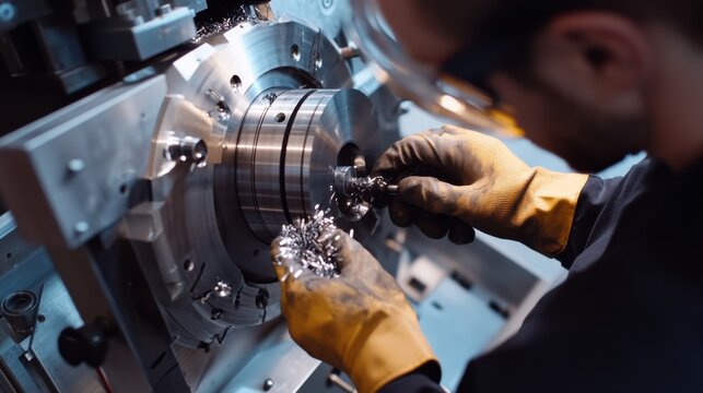 A precision machinist adjusting a CNC lathe in a metal workshop. Featuring craftsmanship and industrial accuracy