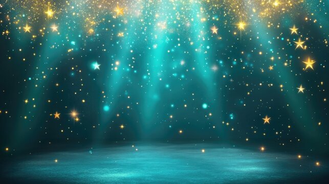 Magical night sky with stars and sparkling lights on a turquoise background. Saint Patrick's Day, St Paddy's Day, St Patty's Day - Irish National Holiday and Cultural Celebration