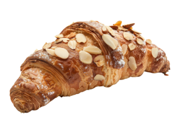 Deliciously flaked almond croissant resting elegantly on a white surface, capturing the essence of a cozy bakery moment isolated on transparent background