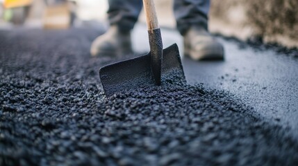 Construction worker spreading asphalt. Outdoor construction site