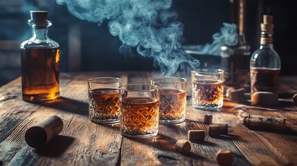 A rustic wooden table with whiskey glasses bottles and smoke creating a moody atmosphere scene
