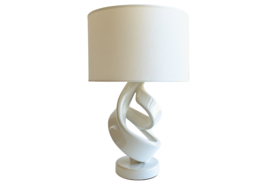 A creative white lamp with an artistic swirl base illuminating a cozy living room space during a quiet evening isolated on transparent background