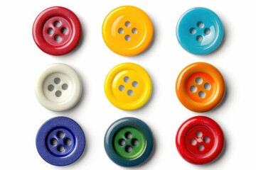 Colorful collection of vintage buttons arranged in a playful pattern on a bright, clean background isolated on transparent background