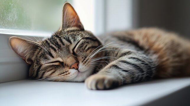 Tabby cat peacefully sleeping on a windowsill