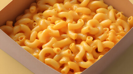 Close-Up Photorealistic Image of Macaroni Cheese in a Box Against a Soft Yellow Background