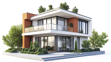 Fototapeta premium Modern two story house with large windows and greenery
