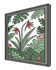 Pressed Botanical Wall Art Tropical summer landscape vector illustration with palm trees, nature flowers, sun, sea, lake, mountain and blue sky
