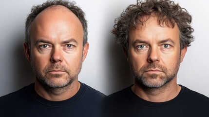 Two caucasian adult men posing against white background with different hairstyles