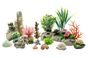 Colorful artificial coral reef arrangement with vibrant plants and marine decorations on a white background isolated on transparent background