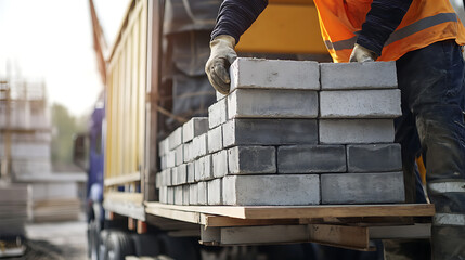 Laborer unloading construction materials from a truck. Featuring material handling and site preparation