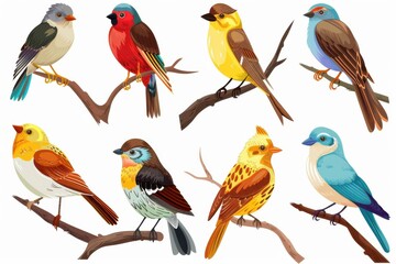 A vibrant collection of colorful birds perched on branches, showcasing diverse species in a lively natural setting isolated on transparent background