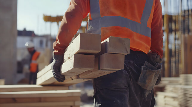 Labourer carrying construction materials at a busy site. Featuring manual labor and site logistics