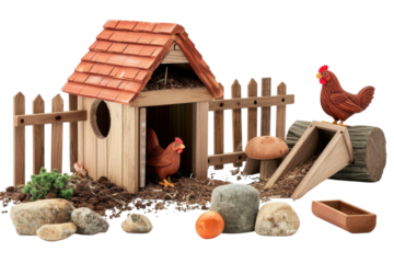Charming miniature chicken coop bustling with playful hens nestled among stones and greenery on a sunny day isolated on transparent background