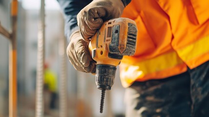 Construction worker using a power drill. Outdoor construction site