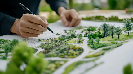 Landscape architect designing a park with paths and greenery. Featuring park layout planning