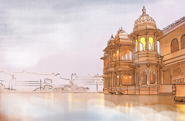 Udaipur city place , Rajasthan, India. Artistic sketch. Hand painted watercolour postcard, poster, book illustration
